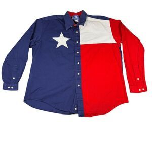 Texas Cotton Shirt Men L Texas Flag Button Up Long Sleeve Western Patriotic USA